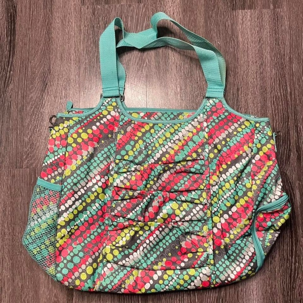 Multicoloured Thirty One shoulder bag with ruffles and shoe‎ compartment.